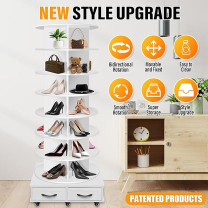 8 Tier Rotating Shoe Rack Tower contains 2 drawers, Spinning Shoe Rack Display - Image 3