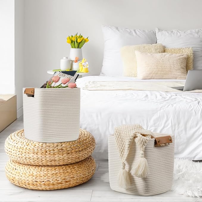 danpinera Set of 3 11 Inch Storage Baskets, Cube Storage Bins, Square Cotton - Image 4