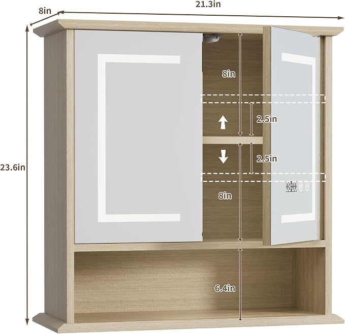 Bathroom Medicine Cabinet with Mirror, Lighted Wall Storage Cabinet, Oak | 21" - Image 2