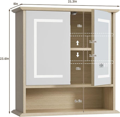 Bathroom Medicine Cabinet with Mirror, Lighted Wall Storage Cabinet, Oak | 21" - Image 2