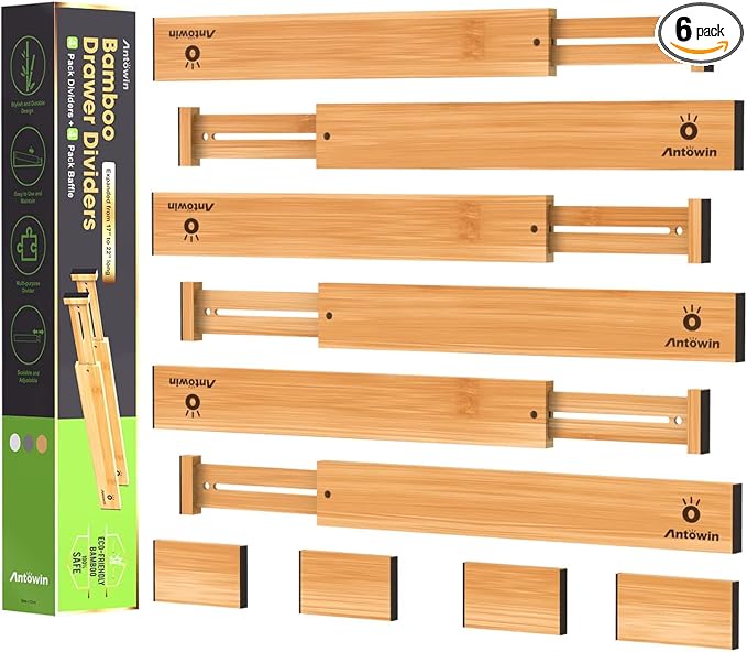 ANTOWIN Bamboo Drawer Dividers, Expandable Drawer Separators Splitter, 17-22 by ANTOWIN