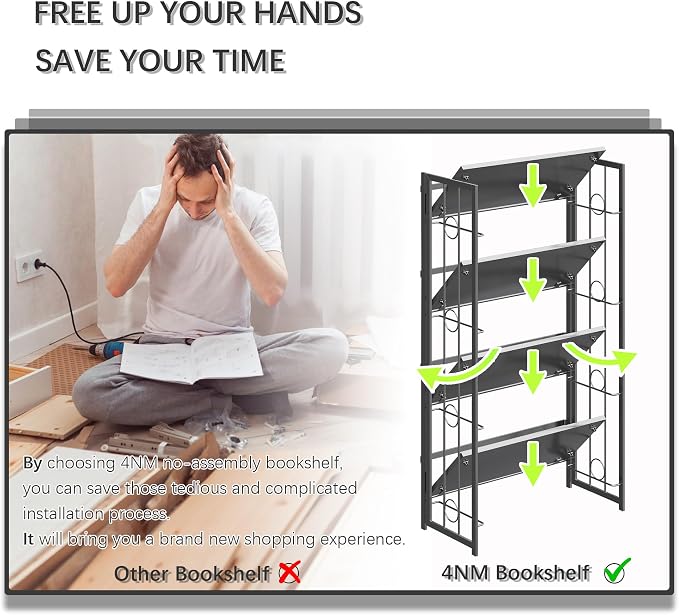4NM No Assembly 4 Tiers Folding Bookshelf, 47.2" H Foldable Storage Shelves - Image 7