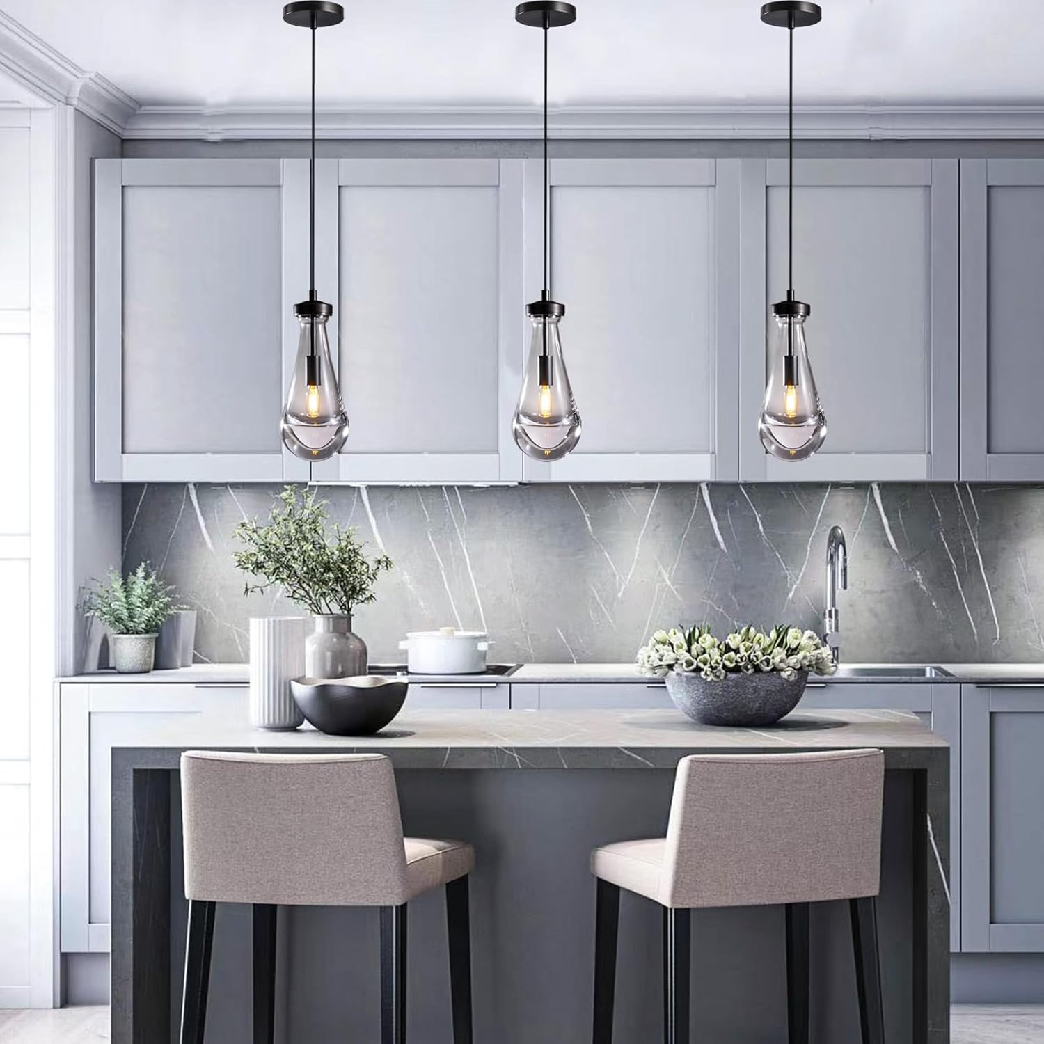 Modern Raindrop Pendant Lights Set of 3, Pendant Lights Kitchen Island 3 Pack, Matte Black Pendant Lights for Bedroom Bathroom, Chandelier for Living Room Hallway, Bulb Included