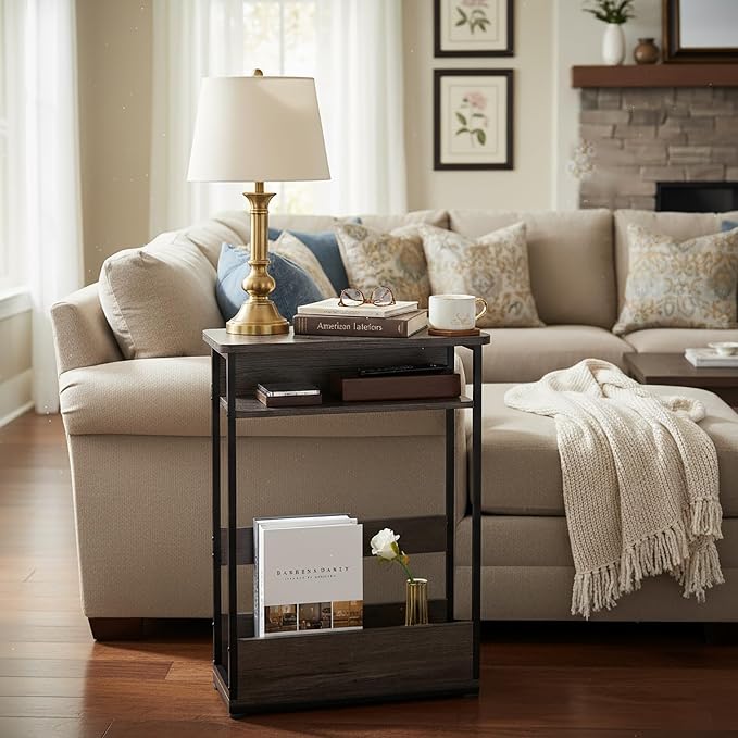 Vintage Narrow Side Table with Storage Shelf, 3 Tier Slim End Table Modern Sofa - Image 2