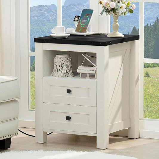 Nightstand with Charging Station and USB Port, Farmhouse Side End Table with 2 by Joaxswe