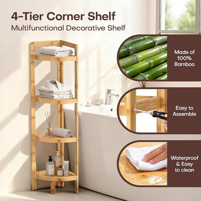2026 New Bamboo Standing Shelf, 4 Tier Corner Shelf Stand, Free-Standing Shelf - Image 4