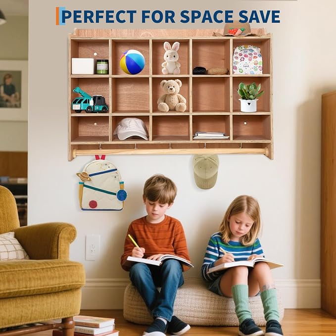 Wall Mounted Cubby Storage Organizer – 15 Cubbies, Shoe Layer, Hooks & Shelf – - Image 6