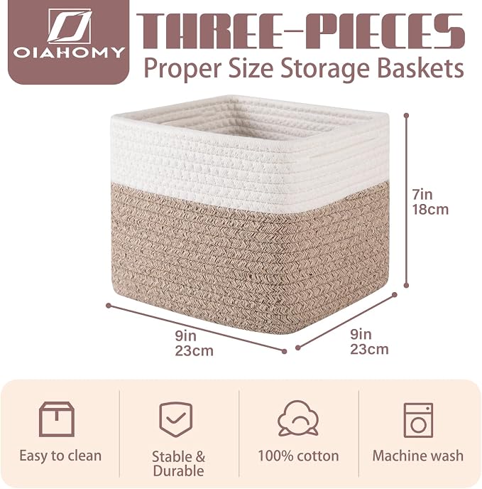 OIAHOMY 9”x9”x7” Storage Cubes, Cotton Rope Woven Baskets - Image 2