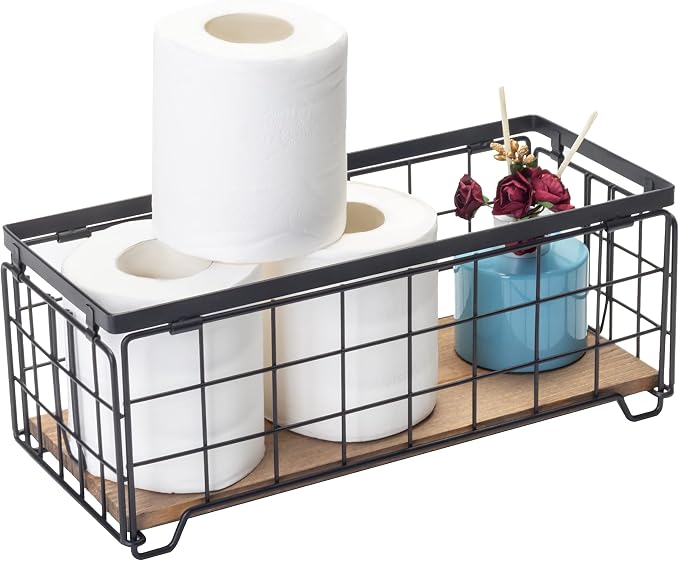 Metal Wire Storage Basket, Toilet Paper Roll Holder Wood Base Countertop Decor - Image 7