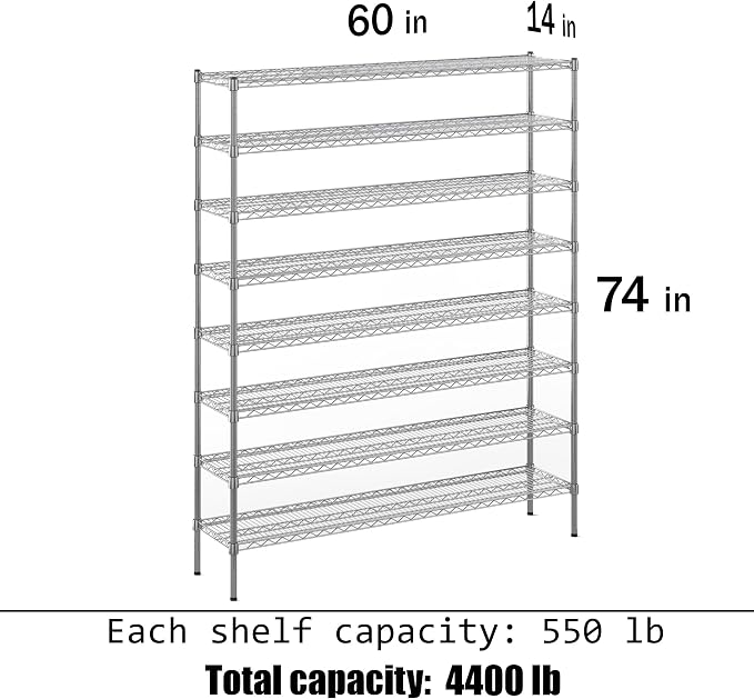 14" Deep x 60" Wide x 74" Height Wire Shelving Kit | 8-Tier | NSF Commercial - Image 3