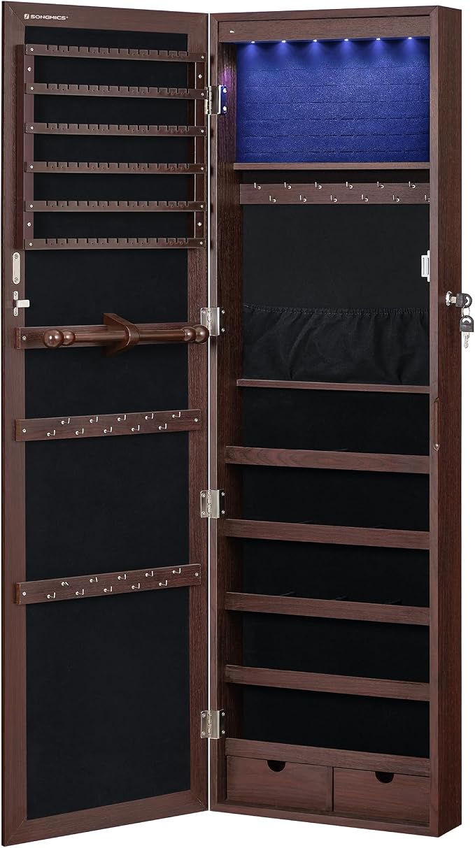 SONGMICS 6 LEDs Mirror Jewelry Cabinet, 47.2-Inch Tall Lockable Wall or Door - Image 9
