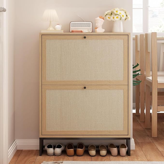 Rattan Shoe Cabinet with 2 Flip Drawers, Simple Setup Hidden Shoe Rack - Image 7