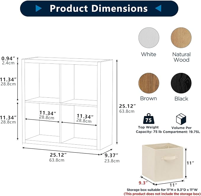 4 Cube Storage Organizer, 2x2 Cube Bookshelf, Cubby Storage Shelf, Wooden - Image 2