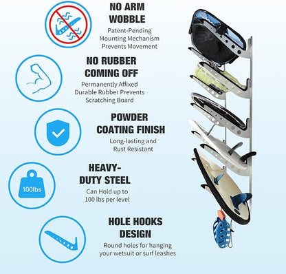 5 Board Surf Rack Wall Mount for Surfboard, Snowboard Storage Adjustable Wall - Image 2