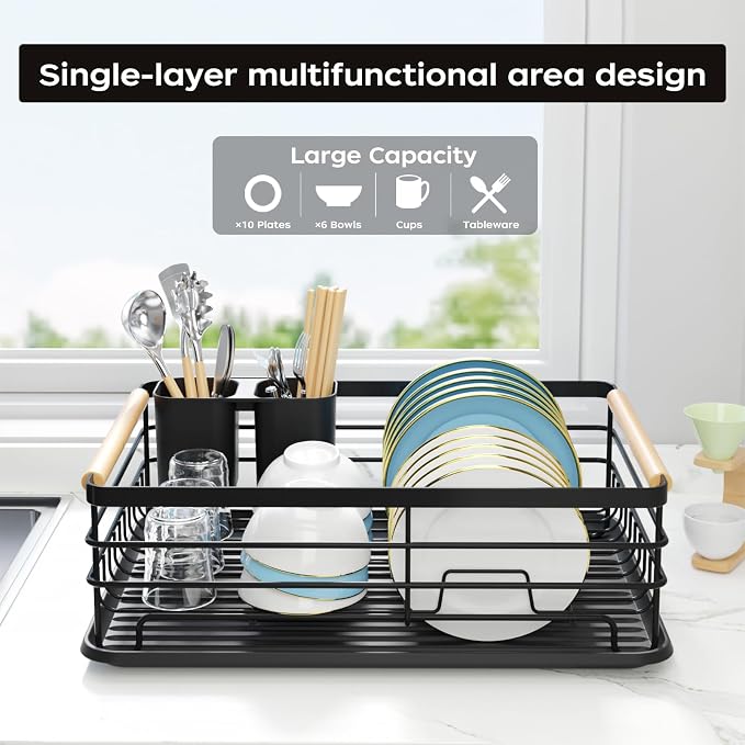 Dish Racks for Kitchen Counter: Wooden Handles, Thickened Metal, No Assembly. - Image 2