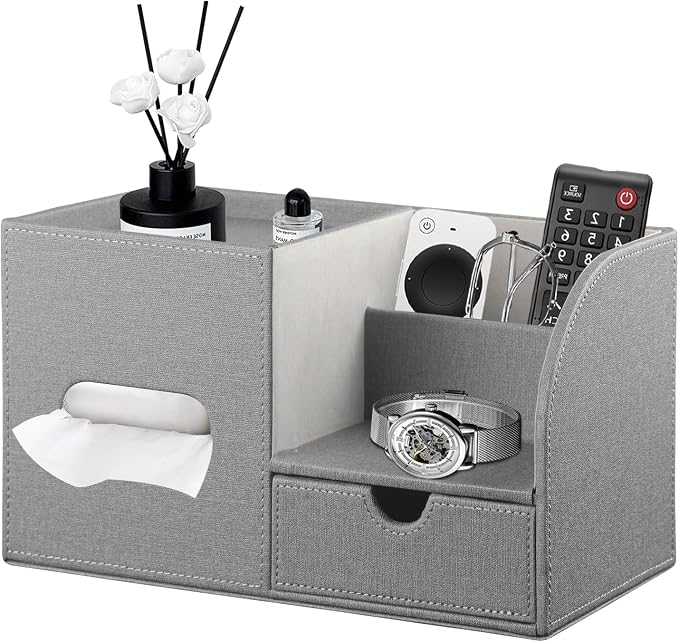 YAPISHI Tissue Box Cover with Storage Tray and Drawer, PU Leather Square Tissue by YAPISHI