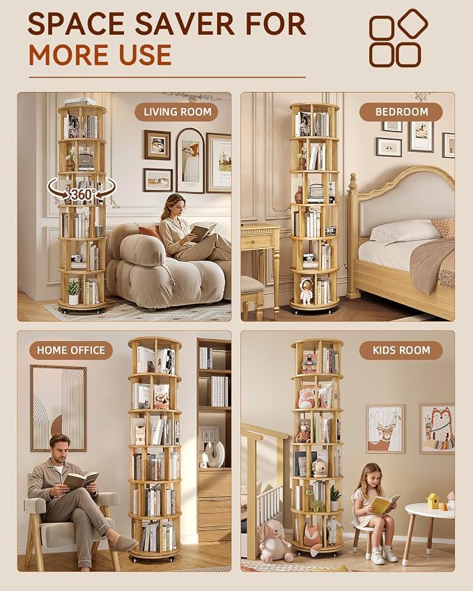IUNVR Rotating Bookshelf, 6 Tier Solid Wood Bookshelf Tower - Image 7