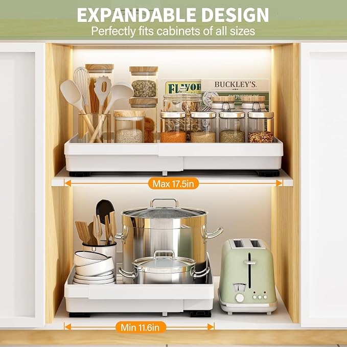 DOMNIU 2 Pack Pull Out Cabinet Organizers Expandable, Plastic Slide Out Drawers - Image 2