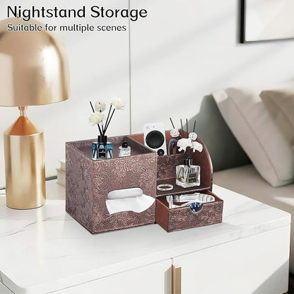 Square Tissue Box Cover with Drawer Storage and Tray on Top, PU Leather Tissues - Image 7