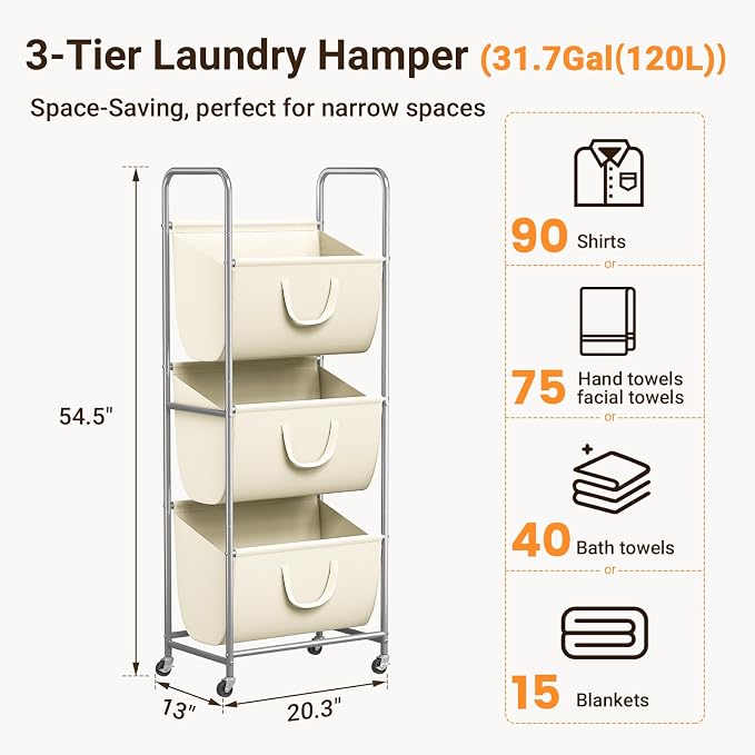 ELYKEN 120L Vertical Rolling Laundry Hamper - Image 3
