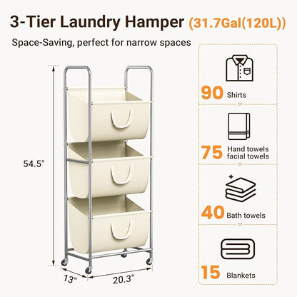 ELYKEN 120L Vertical Rolling Laundry Hamper - Image 3