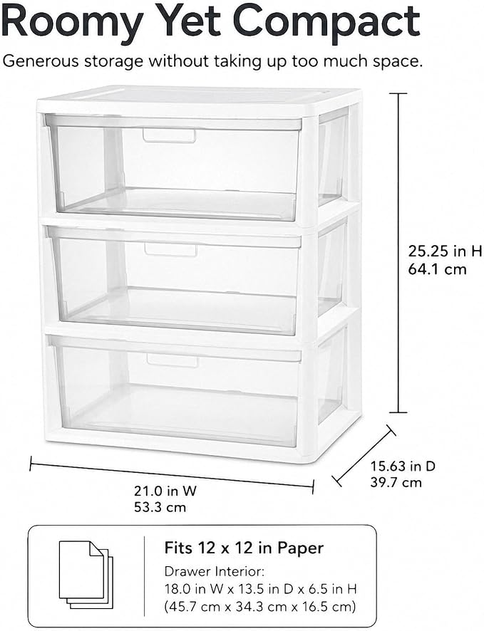 Wide 3 Drawer Plastic Storage Tower Clear Chest Organizer | Clear Removable - Image 2