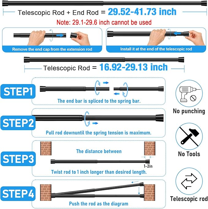 4 Pack Spring Loaded Tension Rod 17-41" Adjustable Curtain Rods No Drill - Image 8