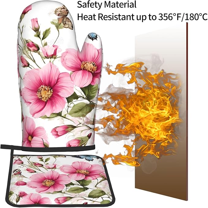 Garden with Birds and Flowers Gloves and Mats Set-Heat-Resistant Kitchen Gloves - Image 4