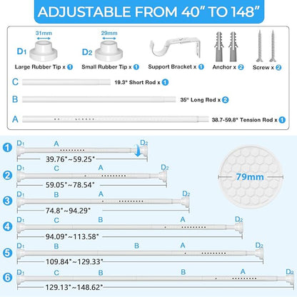 AIZESI Heavy Duty Tension Curtain Rod 40-148" Adjustable No Drill, No Slip - Image 2