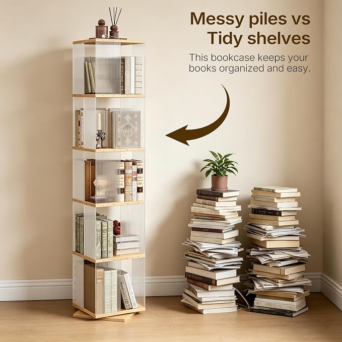 YATINEY 5-Tier Rotating Bookshelf, 360 Spinning Corner Bookcase Tower, - Image 9
