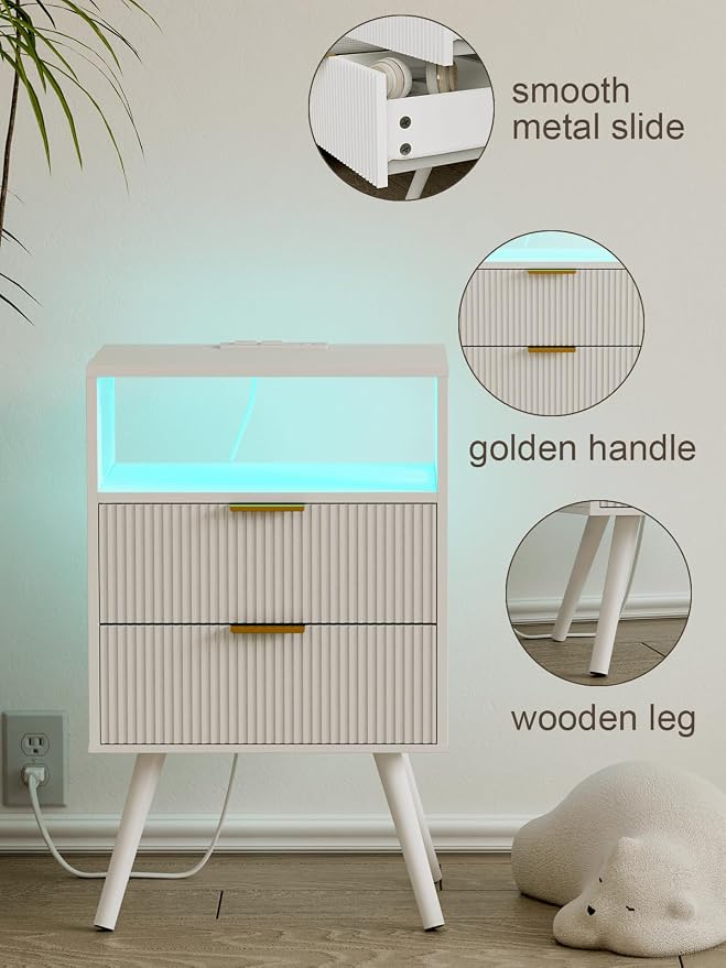Nightstand with Charging Station and LED Lights, Modern Bedside Table with 2 - Image 5