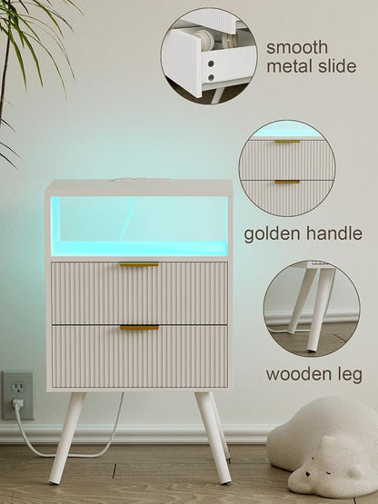 Nightstand with Charging Station and LED Lights, Modern Bedside Table with 2 - Image 5
