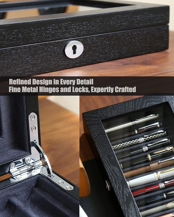 Wooden Pen Display Case – 12 Slot Lockable Fountain Pen Storage Box, Gift - Image 5