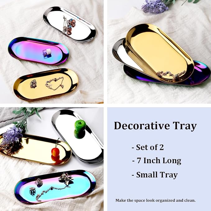 Stainless Steel Decorative Tray, 7 Inch Long, Jewelry Dish Cosmetics Organizer - Image 5