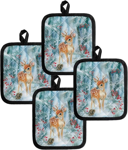 2 Pcs Christmas Brown Moose Green Forest Print Pot Holders, Kitchen Heat - Image 4