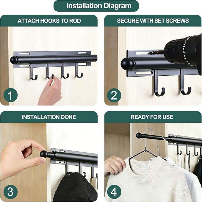 12in，Valet Rod，Valet Rod For Closet Pull Out，（Black） Closet Rod，Hanging - Image 3
