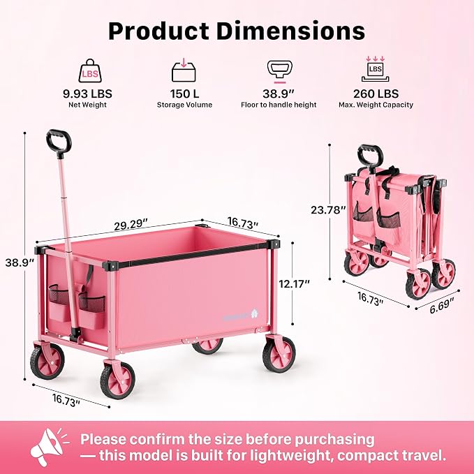29.3" Collapsible Wagon Cart, 150L Heavy Duty Folding Utility Wagon - Image 3