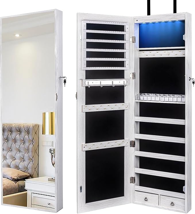 47" H Jewelry Armoire Full Length Mirror Cabinet Storage Organizer w/LED Light by Mokata