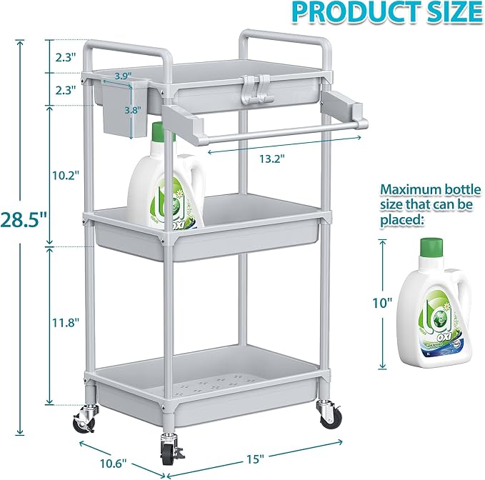 SPACEKEEPER Rolling Storage Cart, 3 Tier Utility Cart Laundry Room Organization - Image 4