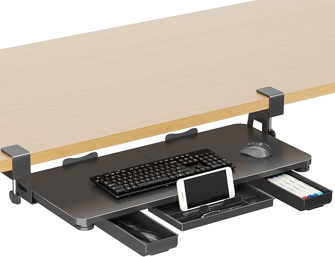 Keyboard Tray Under Desk with Storage Drawer Large C-Clamp 26.7” x 11.8” by XINLEI