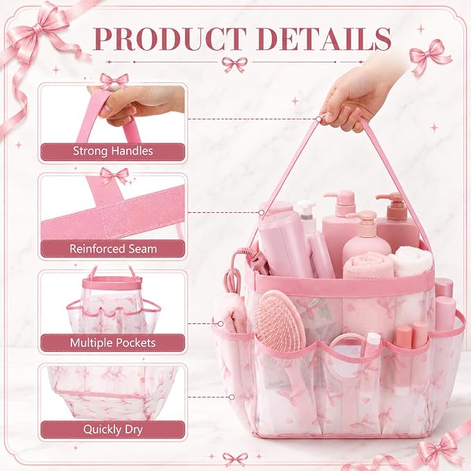 Pink Bow Mesh Shower Caddy for College Dorm Room, Coquette Preppy Hanging - Image 4