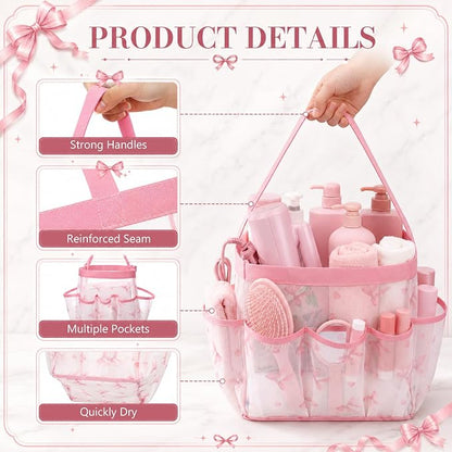 Pink Bow Mesh Shower Caddy for College Dorm Room, Coquette Preppy Hanging - Image 4