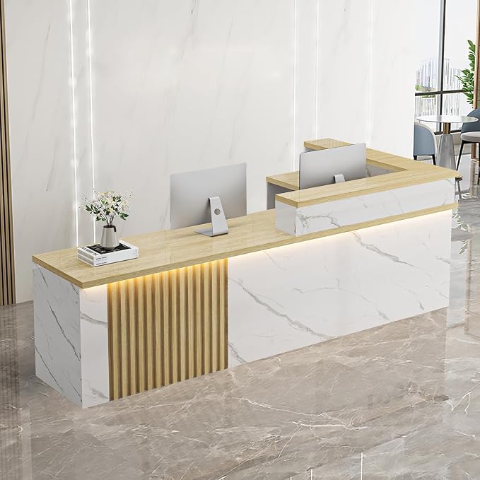 Receptionist Desk with LED Light，Wooden Salon Checkout Counter with Storage by Unknown