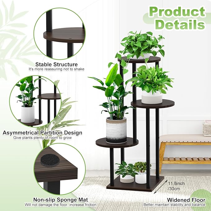 4 Tier Wood Tall Plant Stand Metal Rack Indoor, Round Planter Shelf Display - Image 3