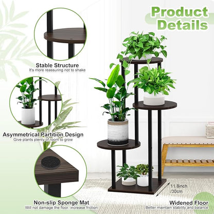 4 Tier Wood Tall Plant Stand Metal Rack Indoor, Round Planter Shelf Display - Image 3