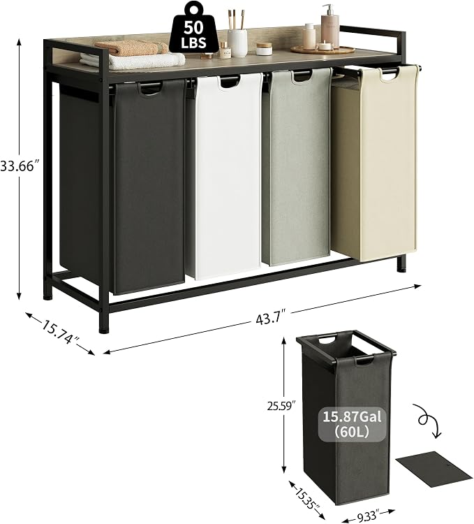 Laundry Hamper with Shelf, Laundry Basket 4 Section, Laundry Sorter with - Image 4