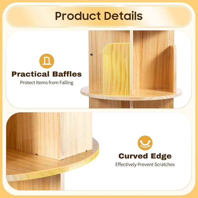 Rotating Bookshelf, 6-Tier Pine Wood Bookcase, Freestanding Bookcase Books - Image 7