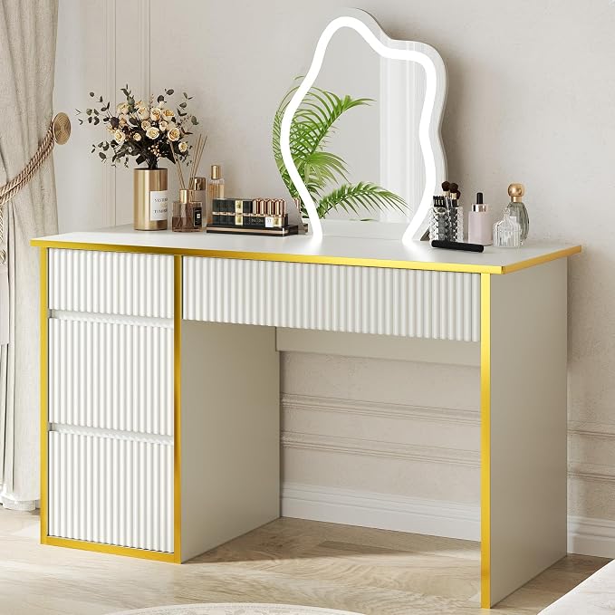 4 EVER WINNER White Desk with Drawers with Hidden Handle, 47 Inch Computer - Image 6