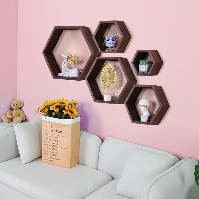 Hexagon Shelves, Floating Wall Shelf, Honeycomb Octagon Cube Shelves Wood | - Image 3