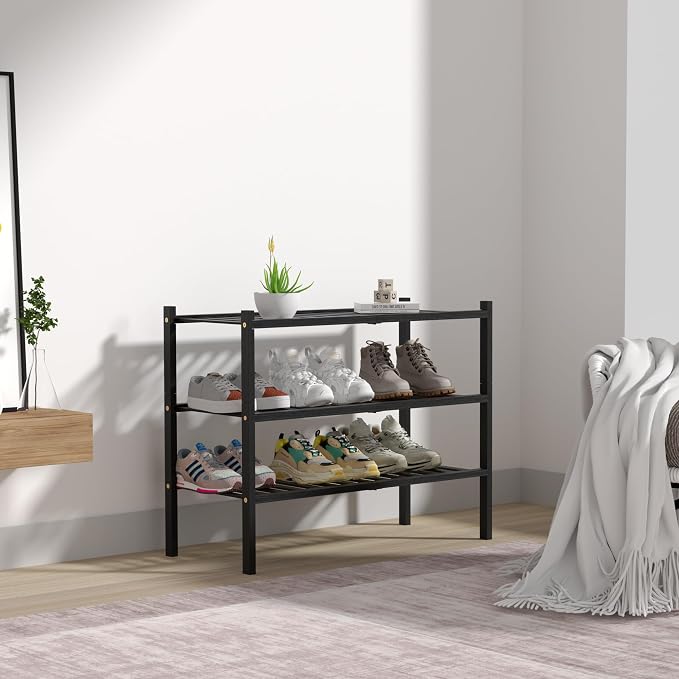 3 Tier Bamboo Shoe Rack for Closet Free Standing Wood Shoe Shelf Storage - Image 7